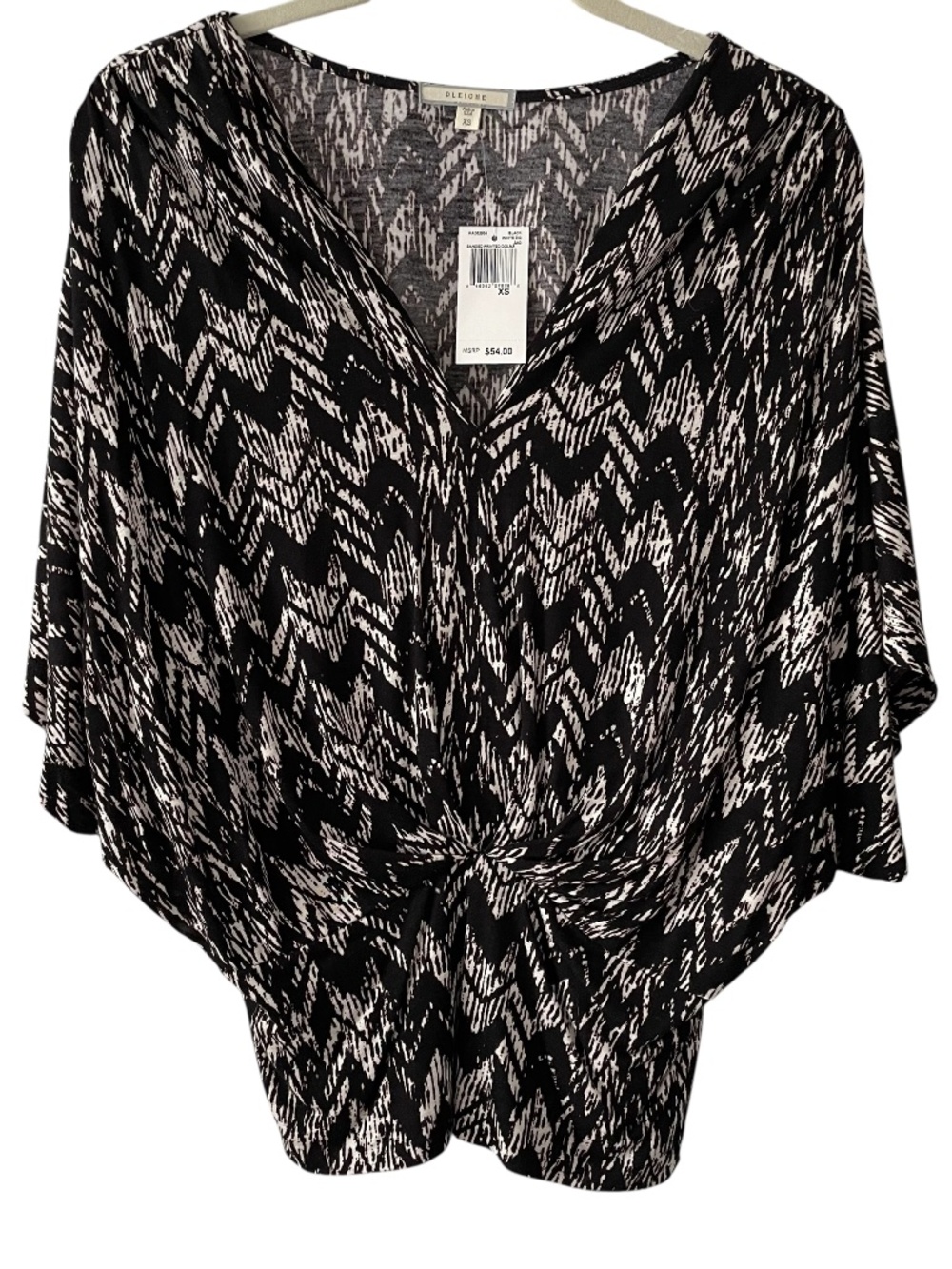 Pleione Dolman Top Womens XS Black White Boho Short Sleeve Geometric Cinched NWT